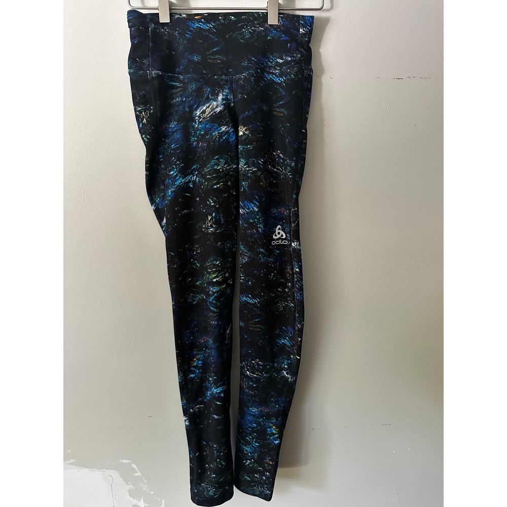 Odlo Womens Cosmic Galaxy Print Athletic Leggings XS Black Blue Zipper Pocket